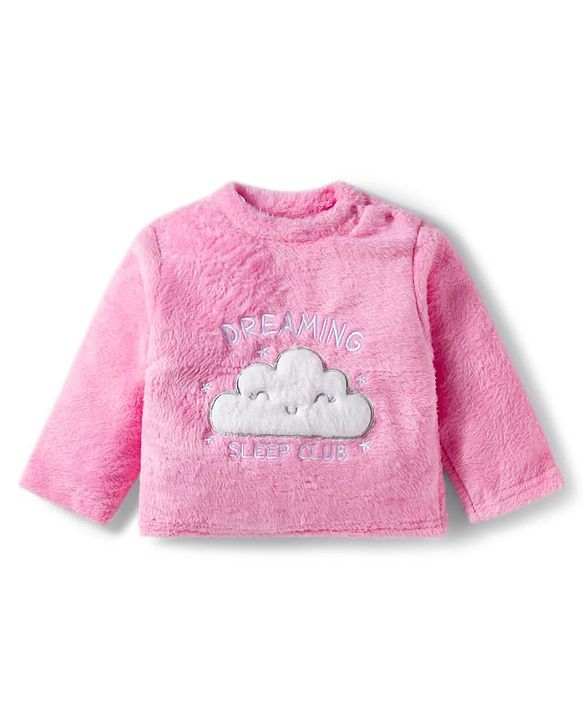 Babyhug Velour Knit Full Sleeves Winter Wear Night Suit With Text Embriodery - Pink