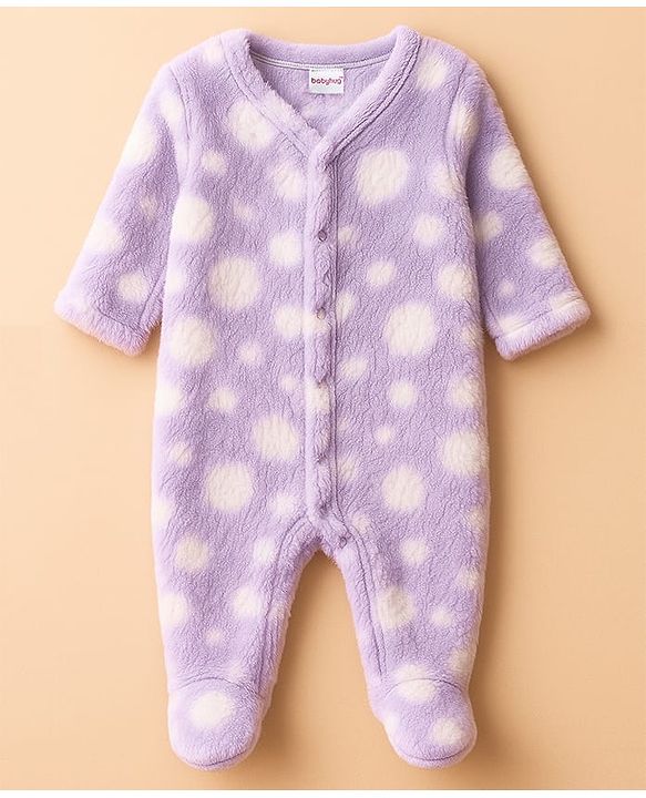 Babyhug Velour Knit Full Sleeves Winter Wear Footed Sleepsuit With Polka Dot Print - Lavender