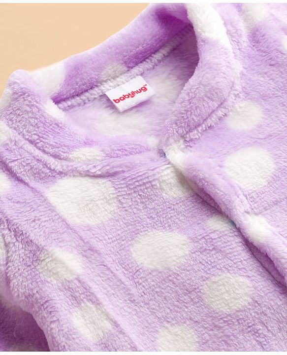 Babyhug Velour Knit Full Sleeves Winter Wear Footed Sleepsuit With Polka Dot Print - Lavender
