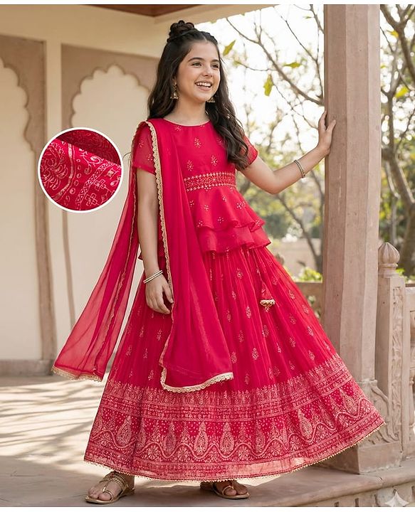 Pine Kids Woven Half Sleeves Choli Lehenga & Dupatta Set With Floral & Mirror Embroidery - Dark Pink