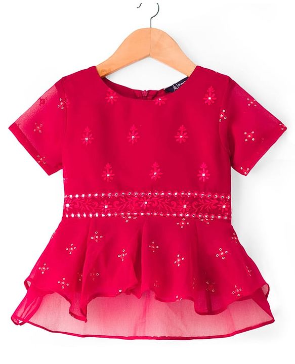 Pine Kids Woven Half Sleeves Choli Lehenga & Dupatta Set With Floral & Mirror Embroidery - Dark Pink