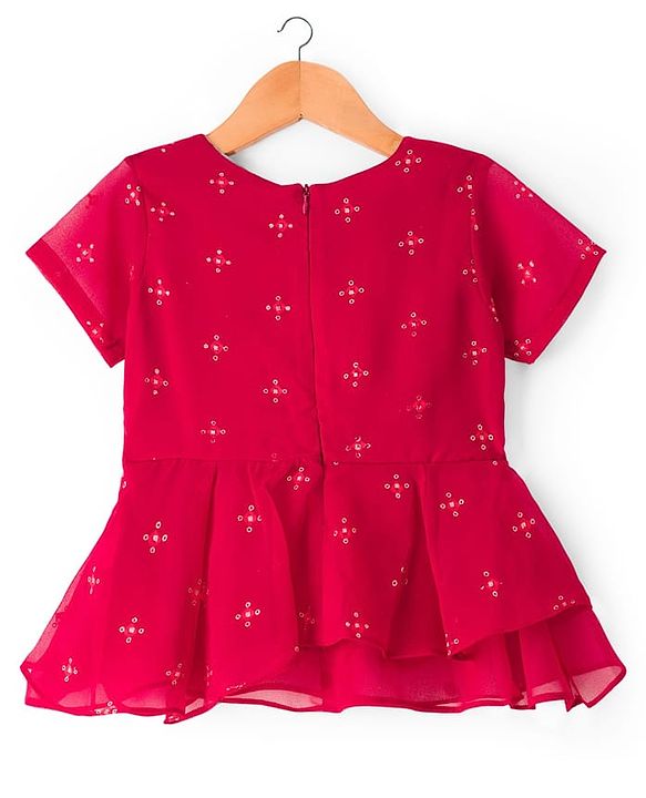 Pine Kids Woven Half Sleeves Choli Lehenga & Dupatta Set With Floral & Mirror Embroidery - Dark Pink
