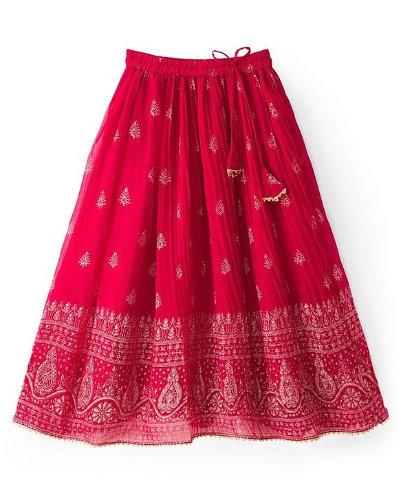 Pine Kids Woven Half Sleeves Choli Lehenga & Dupatta Set With Floral & Mirror Embroidery - Dark Pink