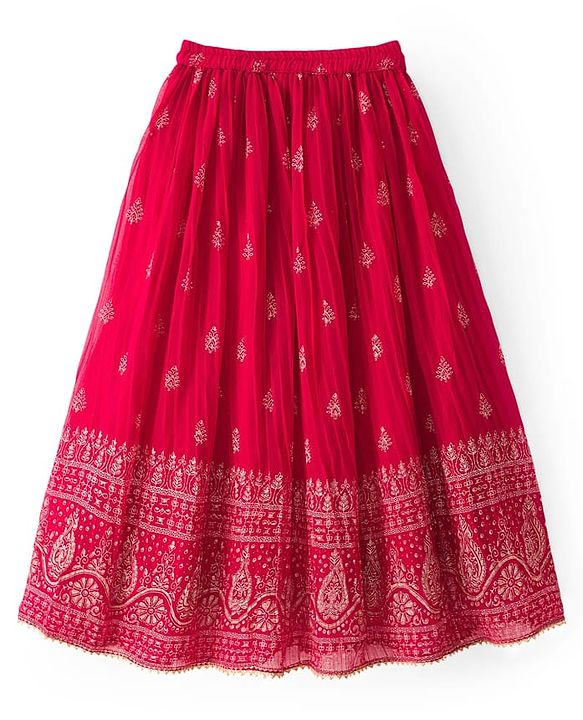 Pine Kids Woven Half Sleeves Choli Lehenga & Dupatta Set With Floral & Mirror Embroidery - Dark Pink