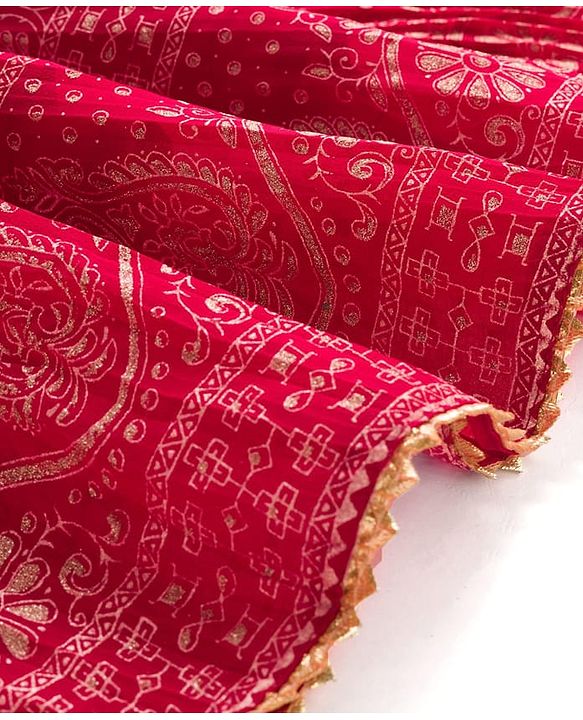 Pine Kids Woven Half Sleeves Choli Lehenga & Dupatta Set With Floral & Mirror Embroidery - Dark Pink