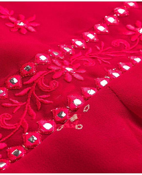 Pine Kids Woven Half Sleeves Choli Lehenga & Dupatta Set With Floral & Mirror Embroidery - Dark Pink