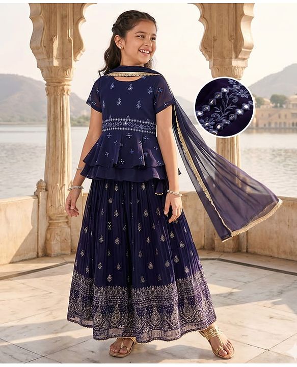 Pine Kids Woven Half Sleeves Choli Lehenga & Dupatta Set With Floral & Mirror Embroidery - Dark Pink