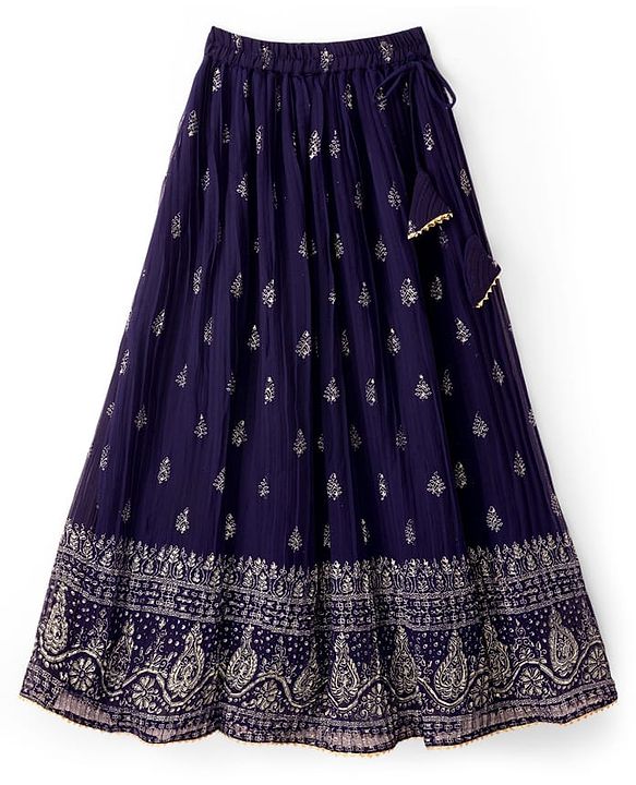 Pine Kids Woven Half Sleeves Choli Lehenga & Dupatta Set With Floral & Mirror Embroidery - Dark Pink