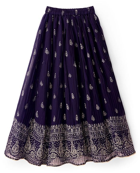Pine Kids Woven Half Sleeves Choli Lehenga & Dupatta Set With Floral & Mirror Embroidery - Dark Pink