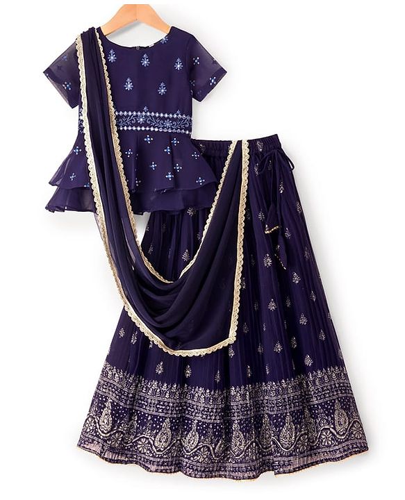 Pine Kids Woven Half Sleeves Choli Lehenga & Dupatta Set With Floral & Mirror Embroidery - Dark Pink