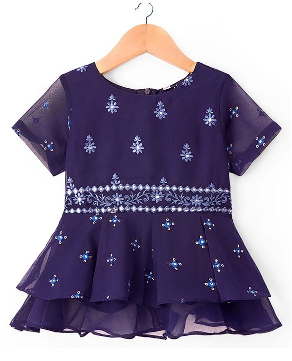 Pine Kids Woven Half Sleeves Choli Lehenga & Dupatta Set With Floral & Mirror Embroidery - Dark Pink