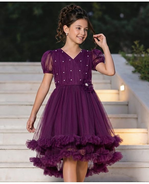 Pine Kids Woven Half Puffed Sleeves Party Dress with Floral Applique & Pearl Detailing - Wine