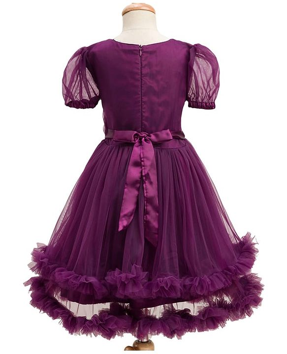 Pine Kids Woven Half Puffed Sleeves Party Dress with Floral Applique & Pearl Detailing - Wine