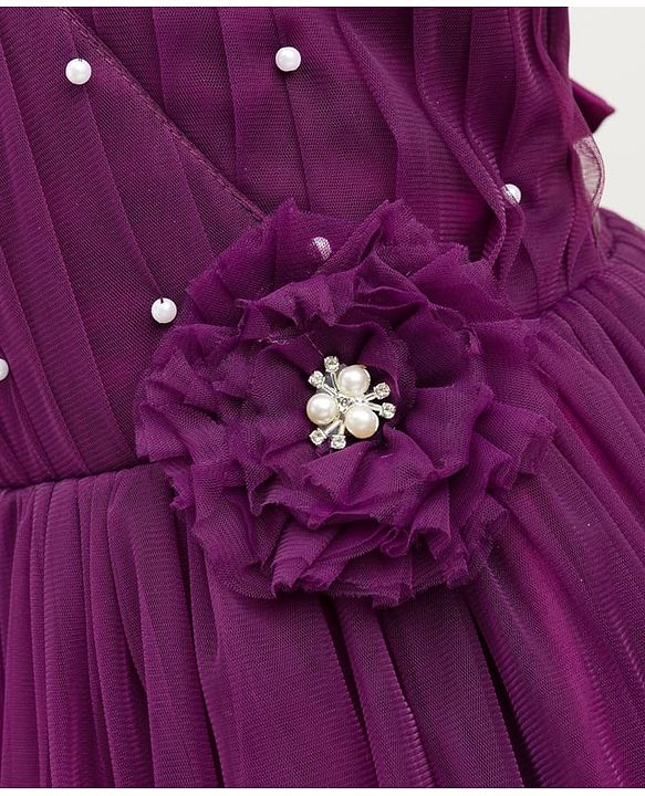 Pine Kids Woven Half Puffed Sleeves Party Dress with Floral Applique & Pearl Detailing - Wine