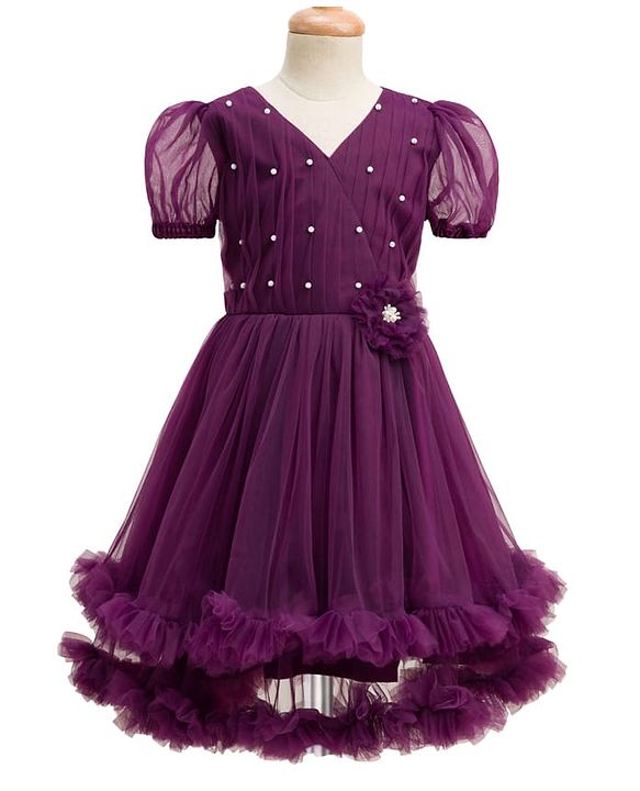 Pine Kids Woven Half Puffed Sleeves Party Dress with Floral Applique & Pearl Detailing - Wine