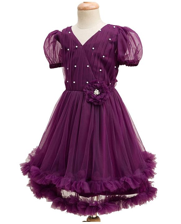 Pine Kids Woven Half Puffed Sleeves Party Dress with Floral Applique & Pearl Detailing - Wine