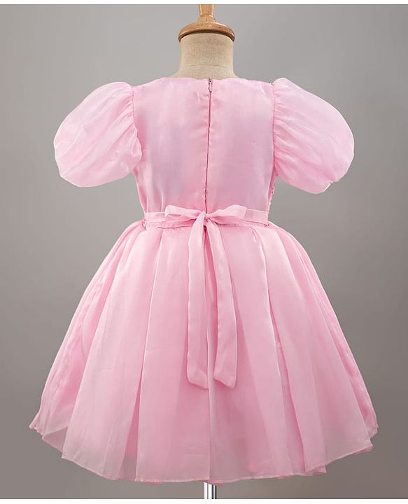Pine Kids Woven Half Sleeves Party Dress With Sequin & Bow Applique - Pink