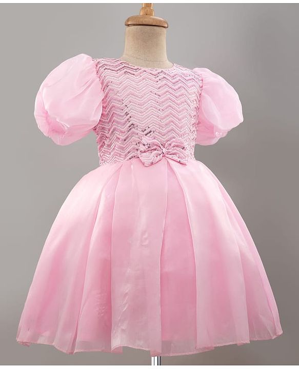 Pine Kids Woven Half Sleeves Party Dress With Sequin & Bow Applique - Pink