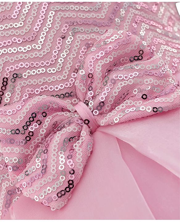 Pine Kids Woven Half Sleeves Party Dress With Sequin & Bow Applique - Pink