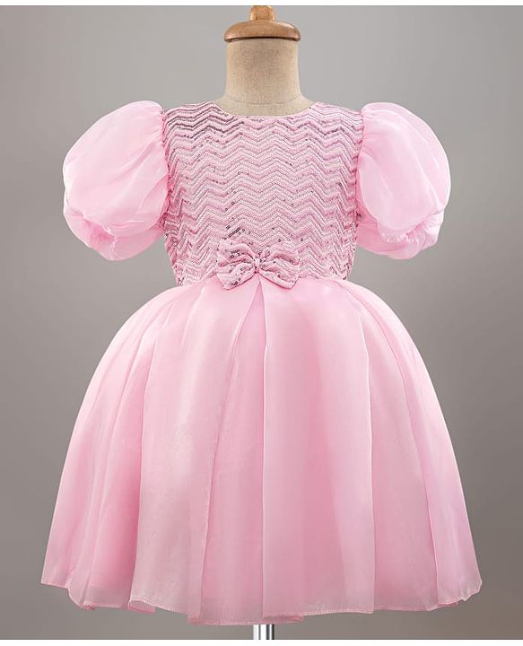 Pine Kids Woven Half Sleeves Party Dress With Sequin & Bow Applique - Pink