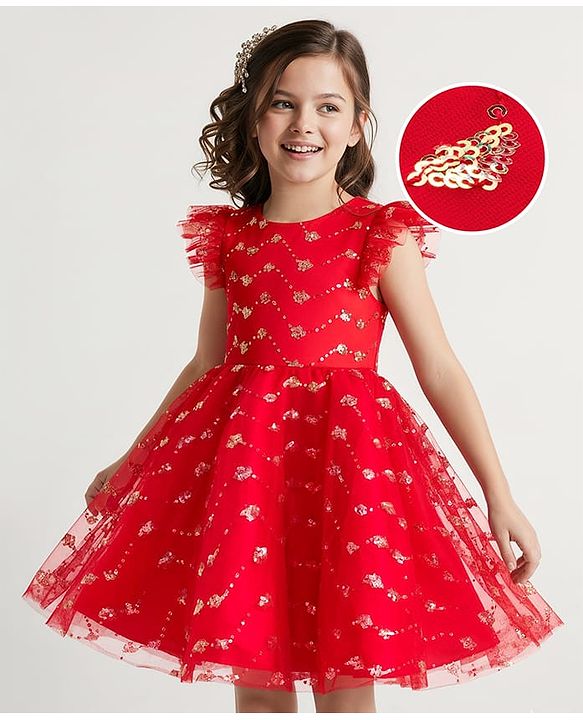 Pine Kids Woven Frill Sleeves Party Dress with Sequin Embroidery - Red