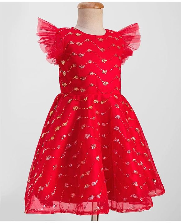 Pine Kids Woven Frill Sleeves Party Dress with Sequin Embroidery - Red