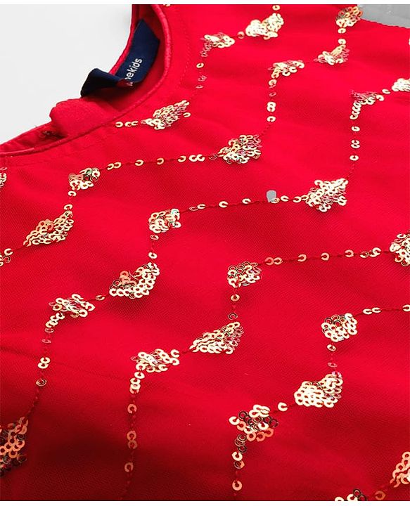 Pine Kids Woven Frill Sleeves Party Dress with Sequin Embroidery - Red