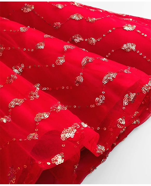 Pine Kids Woven Frill Sleeves Party Dress with Sequin Embroidery - Red