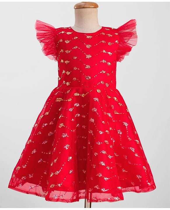Pine Kids Woven Frill Sleeves Party Dress with Sequin Embroidery - Red
