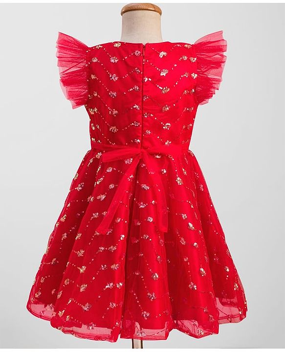 Pine Kids Woven Frill Sleeves Party Dress with Sequin Embroidery - Red