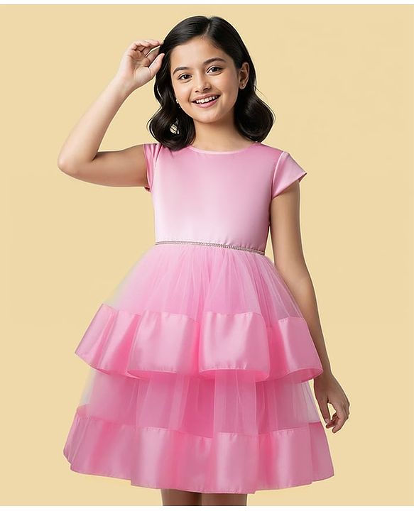 Pine Kids Woven Cap Sleeves Solid Layered Party Dress - Pink