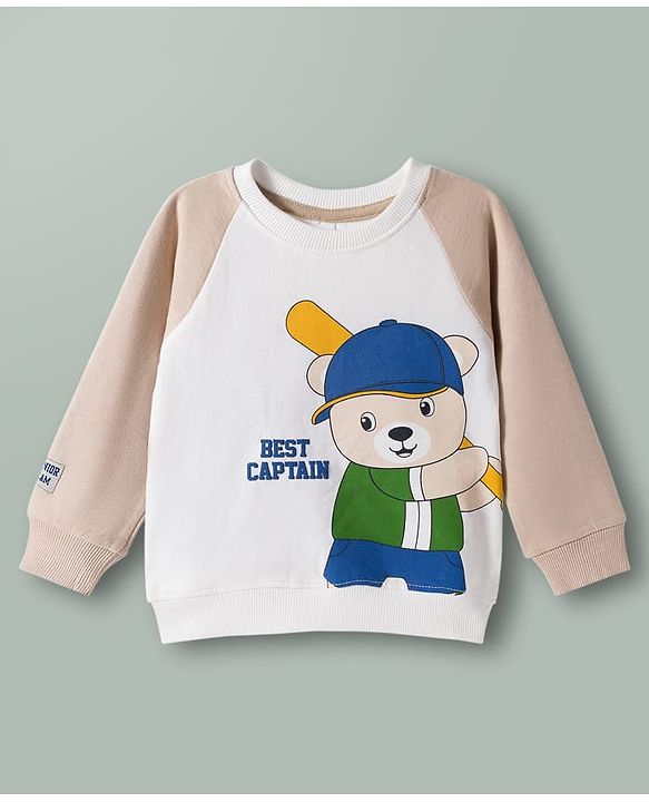 Babyhug 100% Cotton Knit Raglan Full Sleeves Bear Printed T-Shirt & Trouser Set - Beige