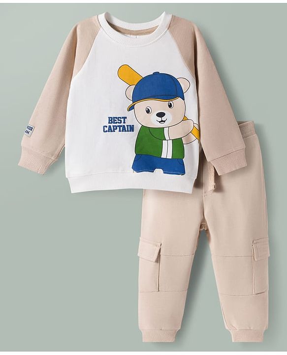 Babyhug 100% Cotton Knit Raglan Full Sleeves Bear Printed T-Shirt & Trouser Set - Beige