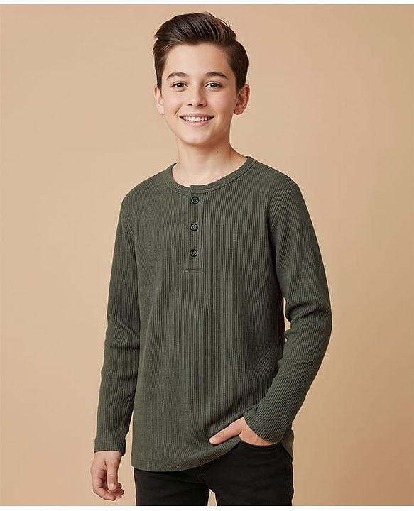 Pine Kids Knit Full Sleeves Solid Color Henley Neck T-Shirt - Olive Green