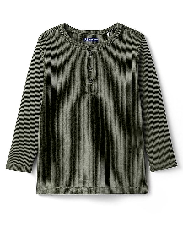 Pine Kids Knit Full Sleeves Solid Color Henley Neck T-Shirt - Olive Green