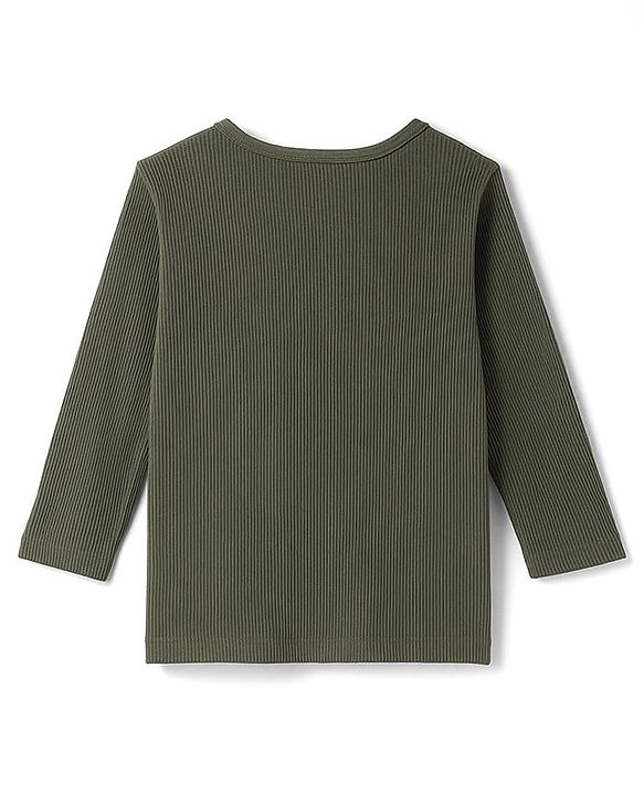 Pine Kids Knit Full Sleeves Solid Color Henley Neck T-Shirt - Olive Green