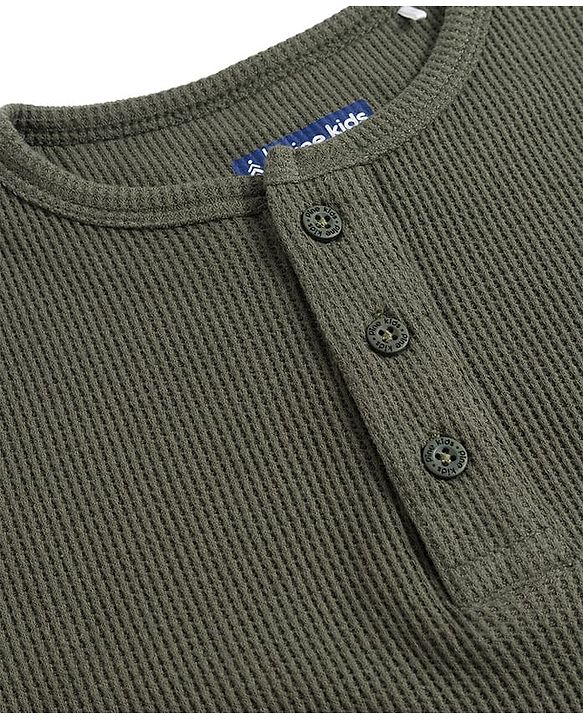 Pine Kids Knit Full Sleeves Solid Color Henley Neck T-Shirt - Olive Green