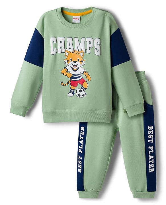 Babyhug Terry Knit Full Sleeves Cut & Sew Text & Animal Print Sweatshirt & Joggers Set - Green