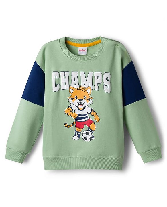Babyhug Terry Knit Full Sleeves Cut & Sew Text & Animal Print Sweatshirt & Joggers Set - Green