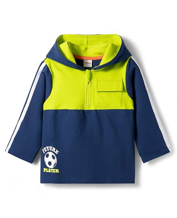 Babyhug Terry Knit Full Sleeves Hooded Cut & Sew T-Shirt & Lounge Pant Set with Sport Print & Tape Detailing - Navy Blue
