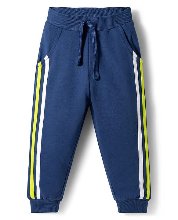 Babyhug Terry Knit Full Sleeves Hooded Cut & Sew T-Shirt & Lounge Pant Set with Sport Print & Tape Detailing - Navy Blue