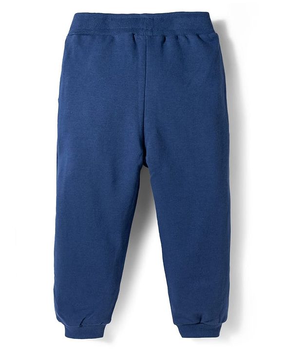 Babyhug Terry Knit Full Sleeves Hooded Cut & Sew T-Shirt & Lounge Pant Set with Sport Print & Tape Detailing - Navy Blue