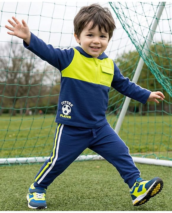 Babyhug Terry Knit Full Sleeves Hooded Cut & Sew T-Shirt & Lounge Pant Set with Sport Print & Tape Detailing - Navy Blue