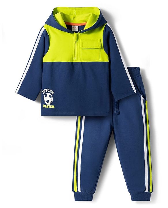 Babyhug Terry Knit Full Sleeves Hooded Cut & Sew T-Shirt & Lounge Pant Set with Sport Print & Tape Detailing - Navy Blue