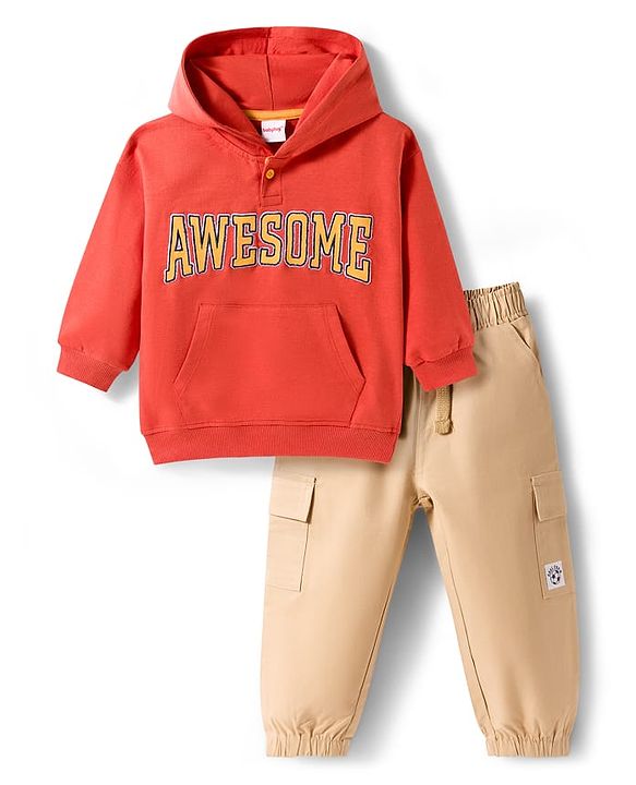 Babyhug Terry Knit Full Sleeves Awesome Text Printed Hooded Sweatshirt & Trouser Set - Rust Orange