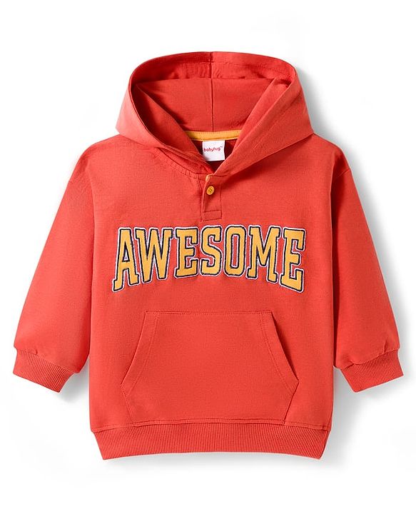 Babyhug Terry Knit Full Sleeves Awesome Text Printed Hooded Sweatshirt & Trouser Set - Rust Orange