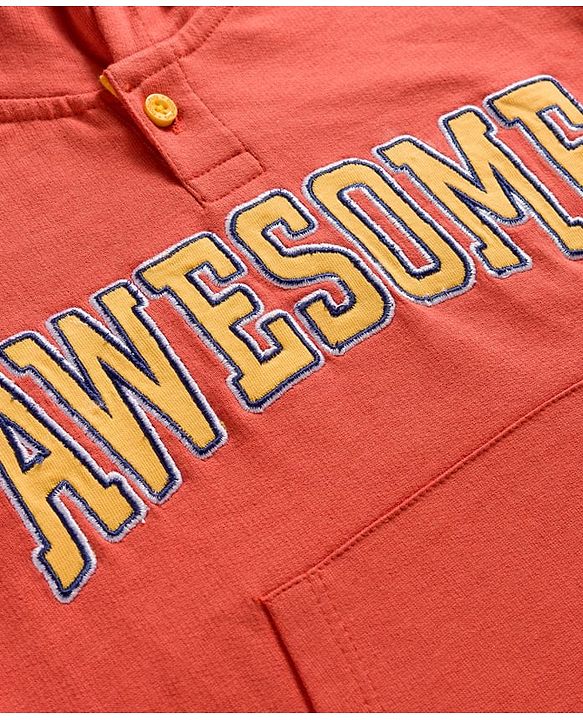 Babyhug Terry Knit Full Sleeves Awesome Text Printed Hooded Sweatshirt & Trouser Set - Rust Orange