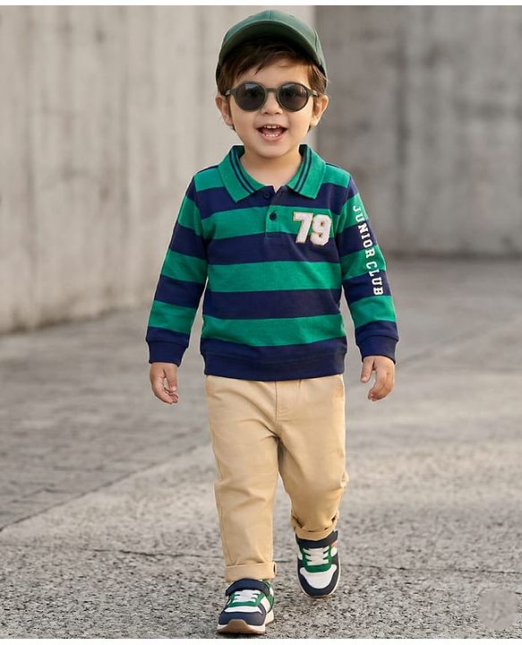 Babyhug Terry Knit Full Sleeves Striped Polo T-Shirt & Trouser Set - Multicolor