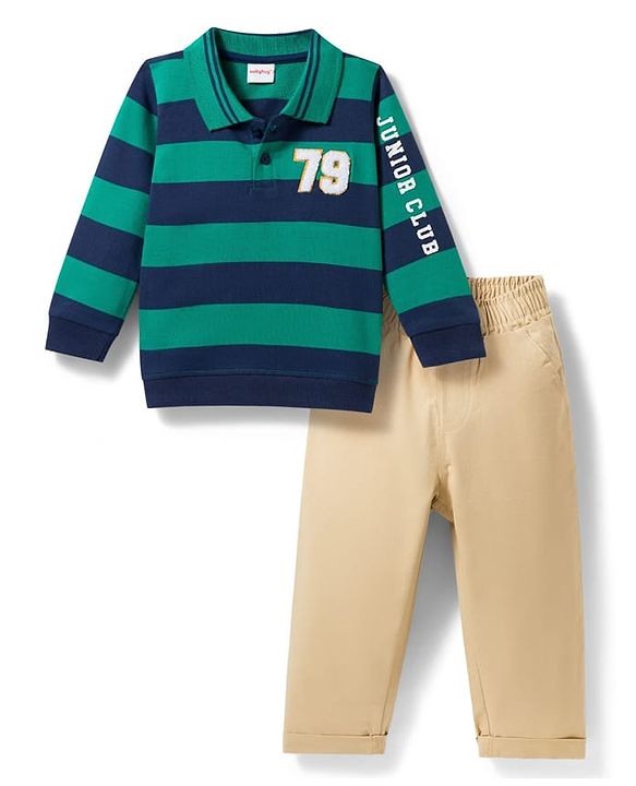 Babyhug Terry Knit Full Sleeves Striped Polo T-Shirt & Trouser Set - Multicolor