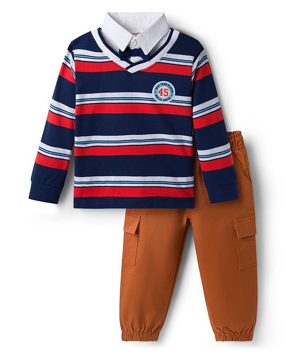 Babyhug Terry Knit Full Sleeves Striped T-Shirt & Trouser Set with Patch - Navy Blue & Beige